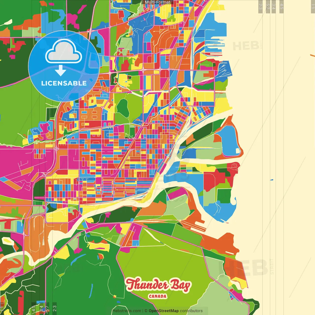 Thunder Bay, Ontario, Canada Crazy Colorful Street Map Poster Template