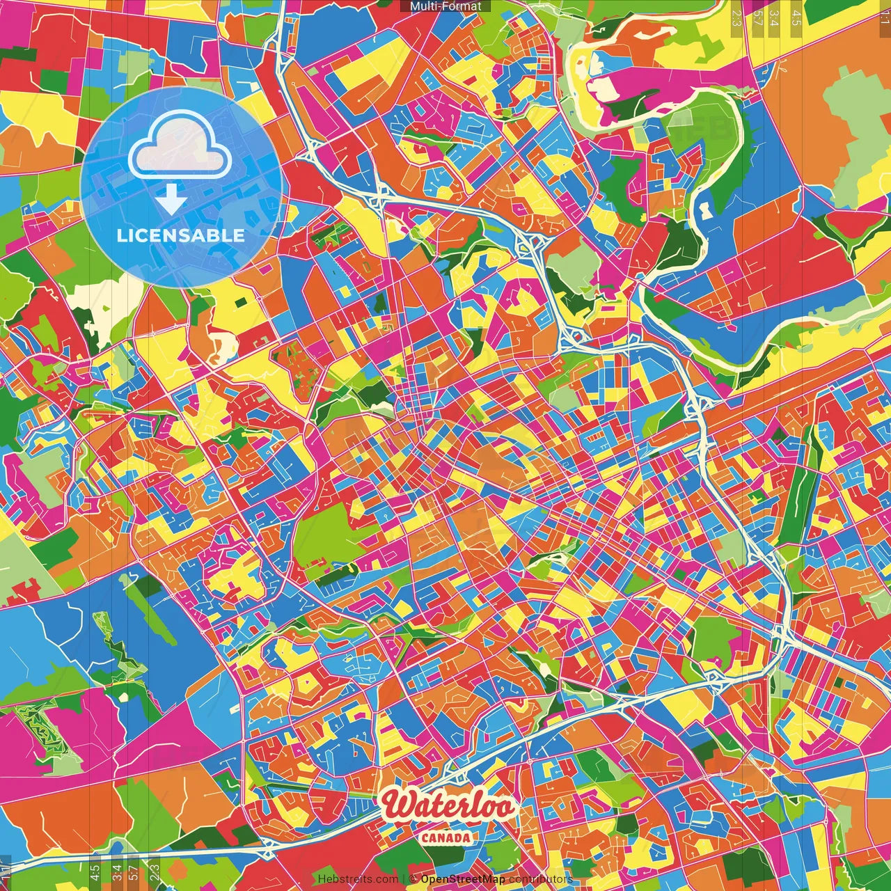 Waterloo, Ontario, Canada Crazy Colorful Street Map Poster Template