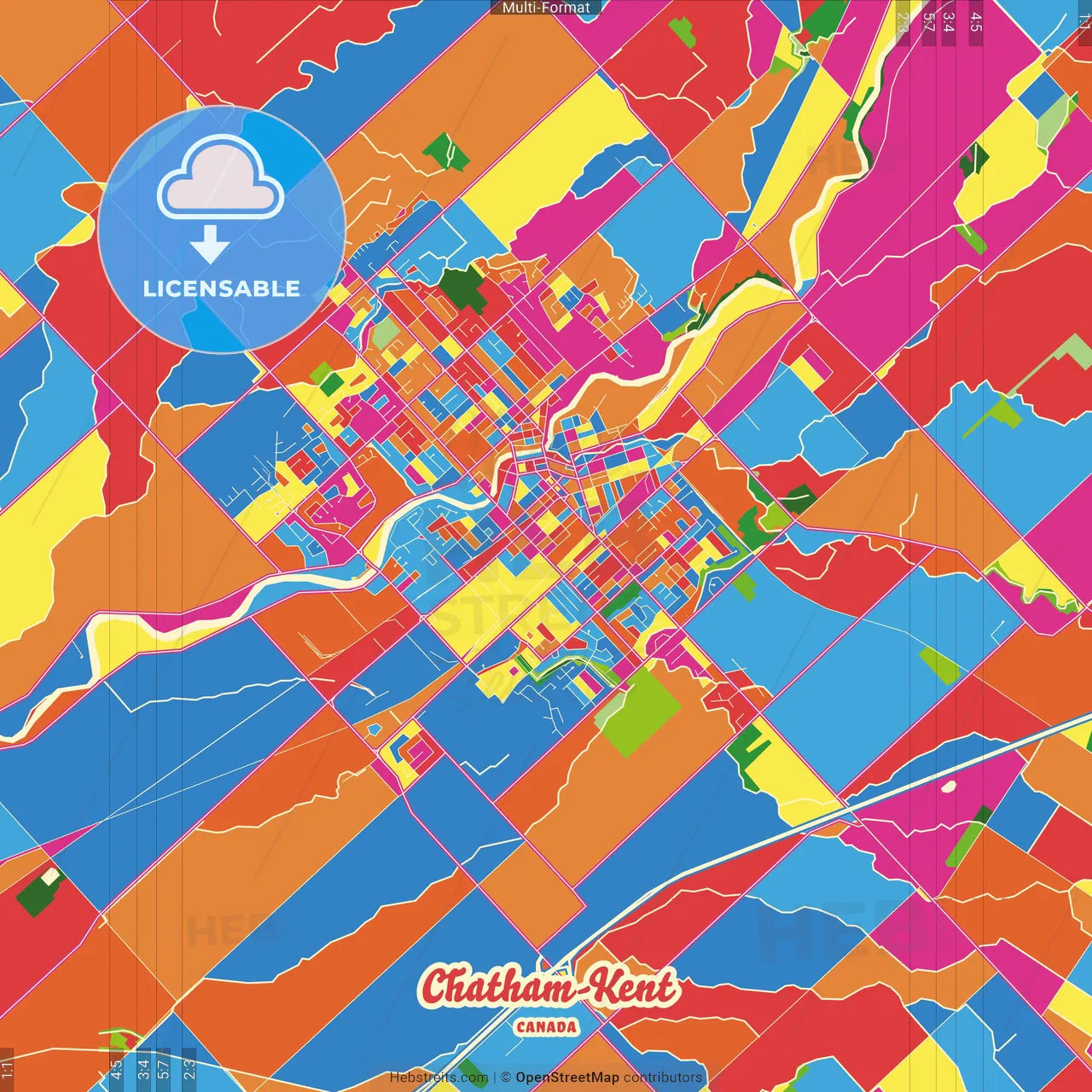 Chatham-Kent, Ontario, Canada Crazy Colorful Street Map Poster Template