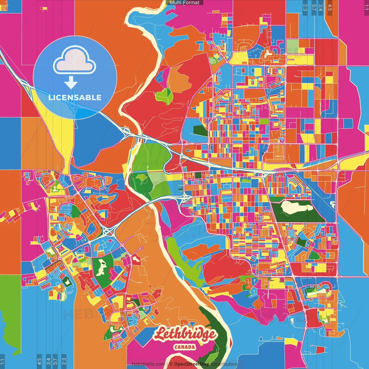 Lethbridge, Alberta, Canada Crazy Colorful Street Map Poster Template