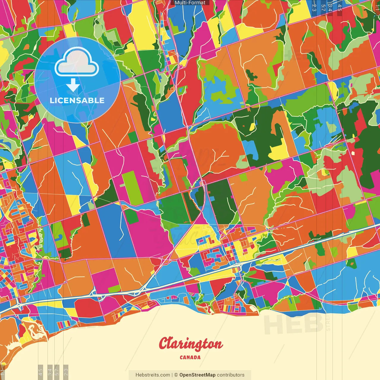 Clarington, Ontario, Canada Crazy Colorful Street Map Poster Template