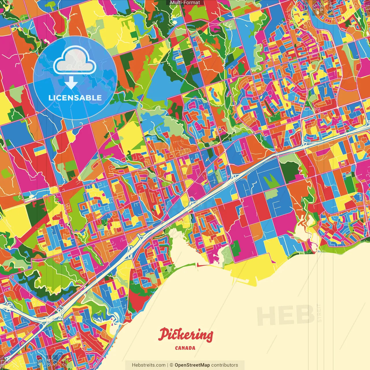 Pickering, Ontario, Canada Crazy Colorful Street Map Poster Template