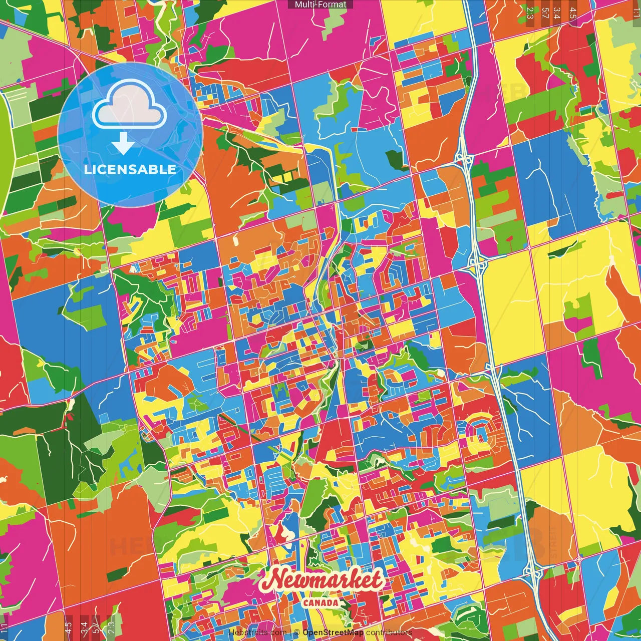 Newmarket, Ontario, Canada Crazy Colorful Street Map Poster Template