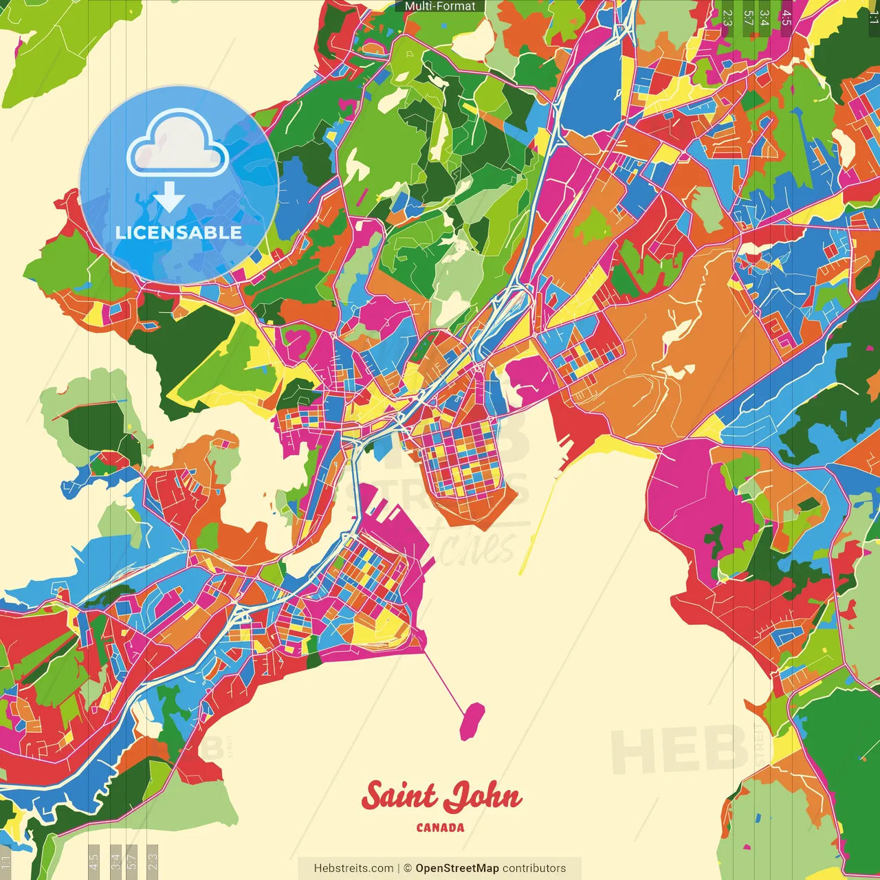 Saint John, New Brunswick, Canada Crazy Colorful Street Map Poster Template