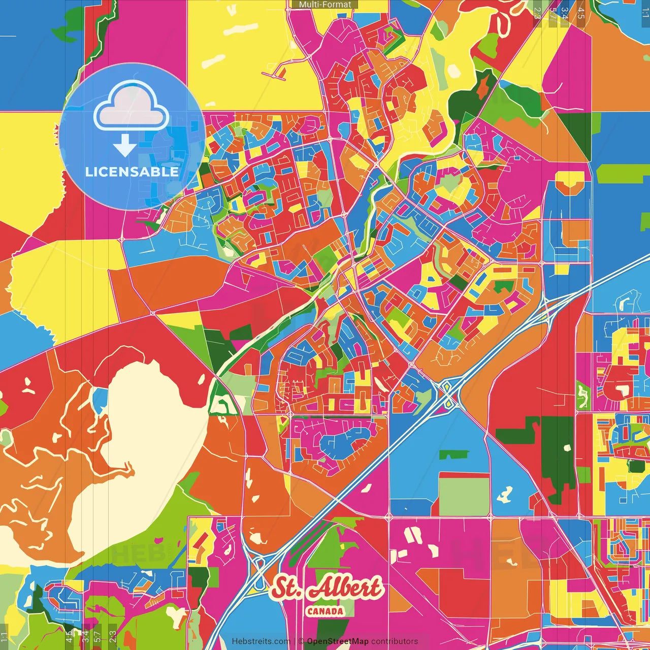 St. Albert, Alberta, Canada Crazy Colorful Street Map Poster Template