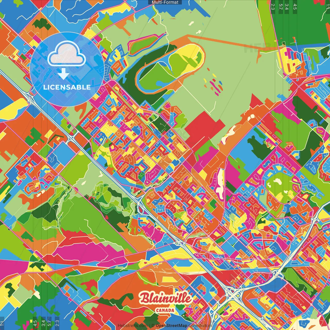 Blainville, Quebec, Canada Crazy Colorful Street Map Poster Template