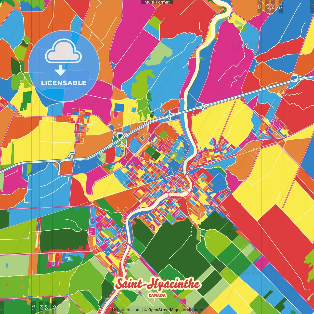 Saint-Hyacinthe, Quebec, Canada Crazy Colorful Street Map Poster Template
