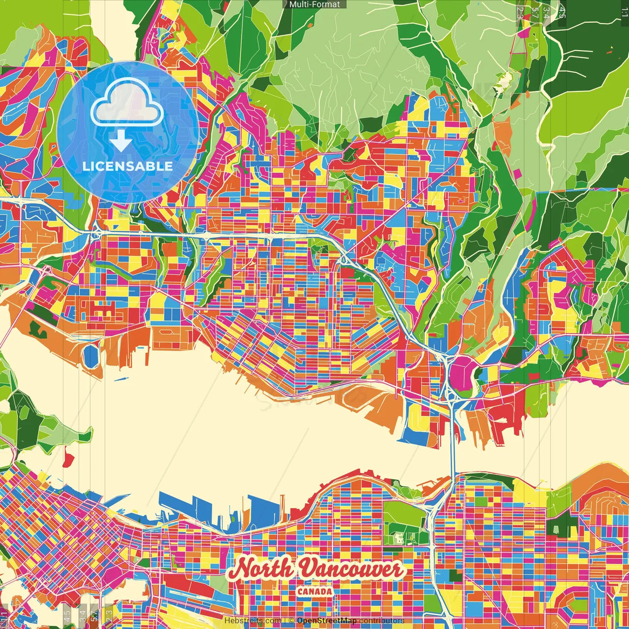 North Vancouver, British Columbia, Canada Crazy Colorful Street Map Poster Template