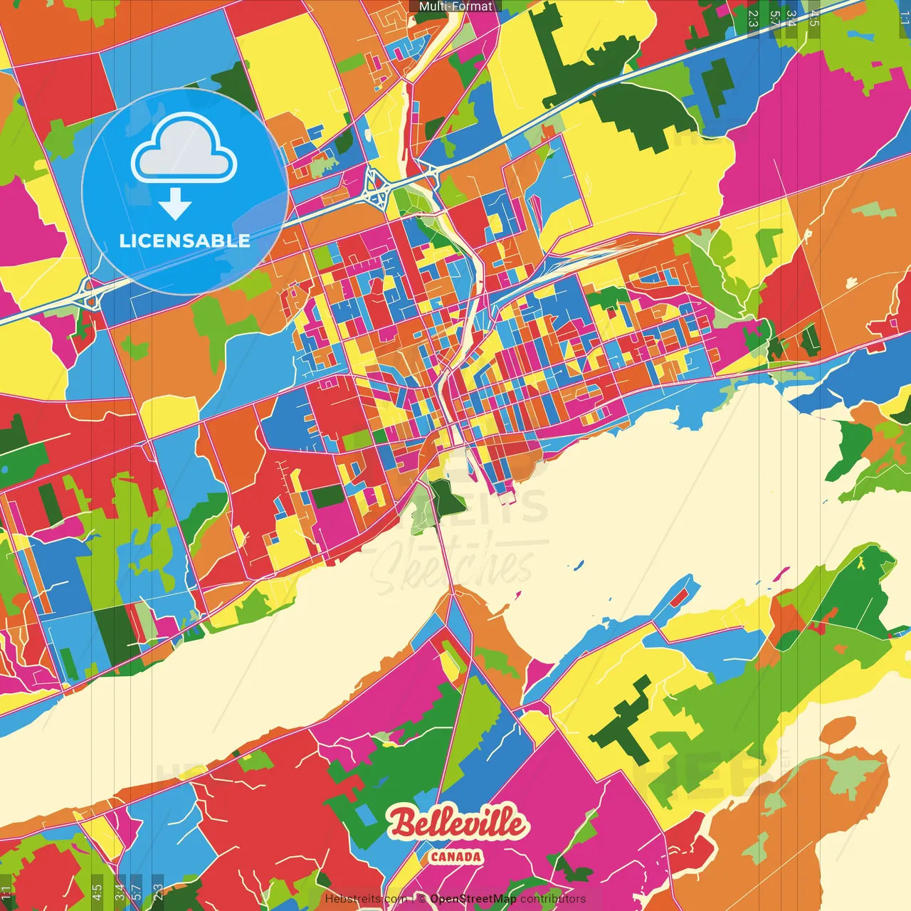 Belleville, Ontario, Canada Crazy Colorful Street Map Poster Template