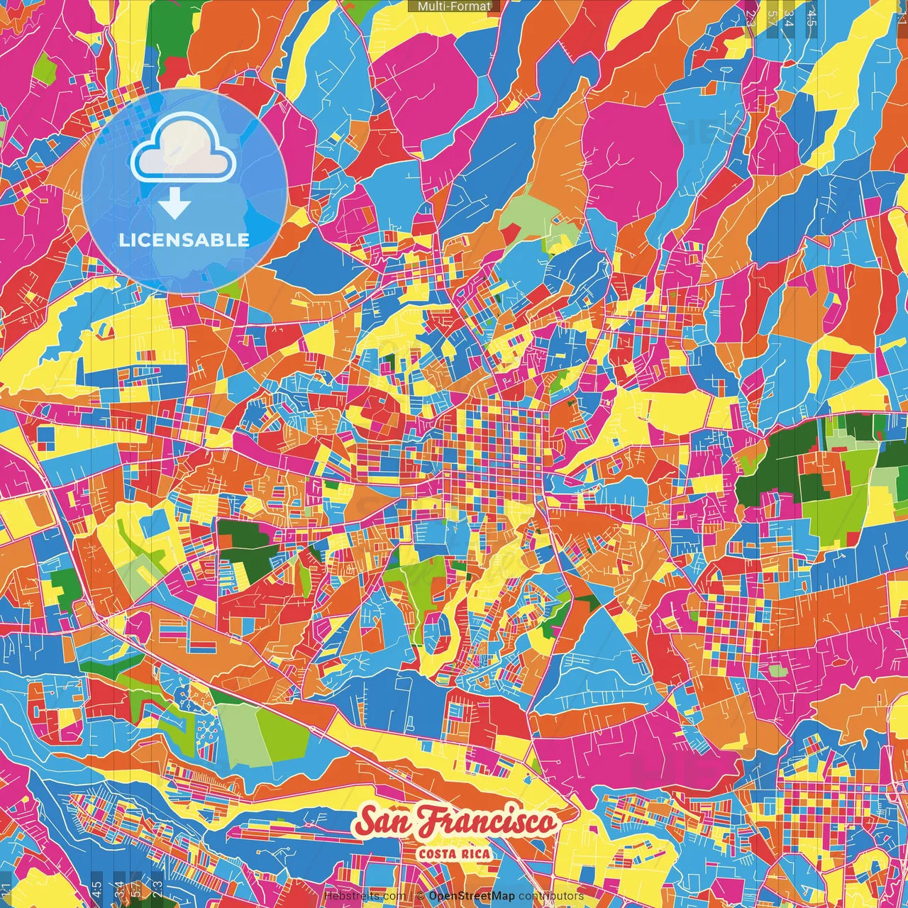 San Francisco, Heredia, Costa Rica Crazy Colorful Street Map Poster Template