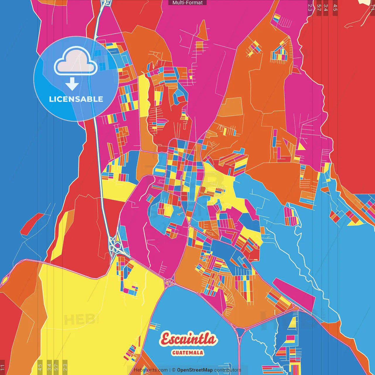 Escuintla, Escuintla, Guatemala Crazy Colorful Street Map Poster Template
