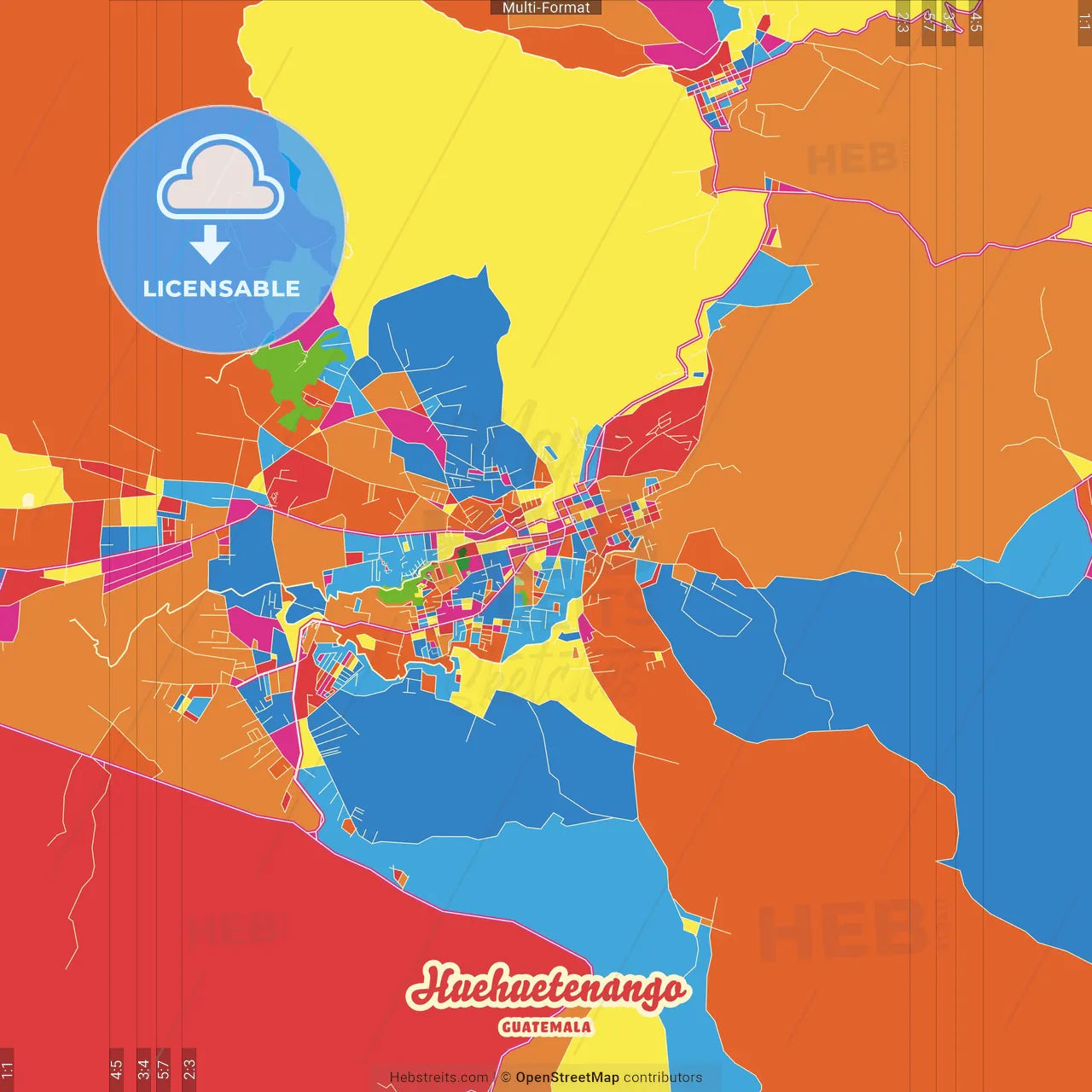 Huehuetenango, Huehuetenango, Guatemala Crazy Colorful Street Map Poster Template