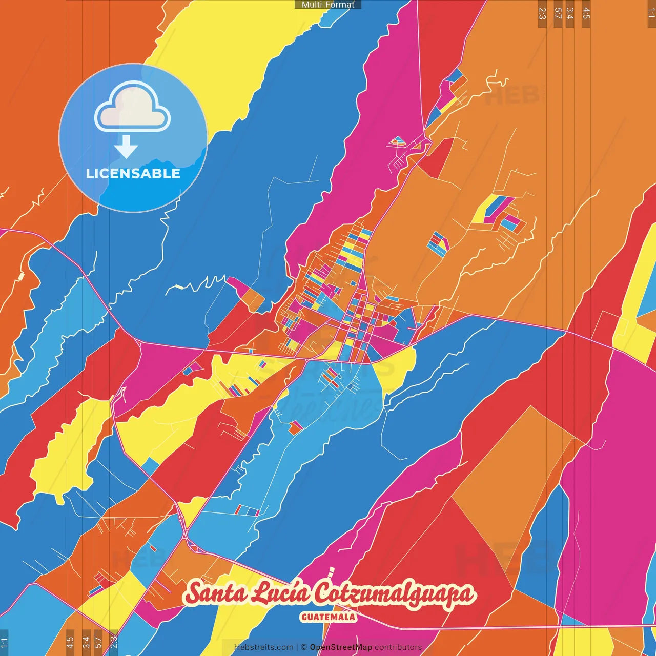 Santa Lucía Cotzumalguapa, Escuintla, Guatemala Crazy Colorful Street Map Poster Template