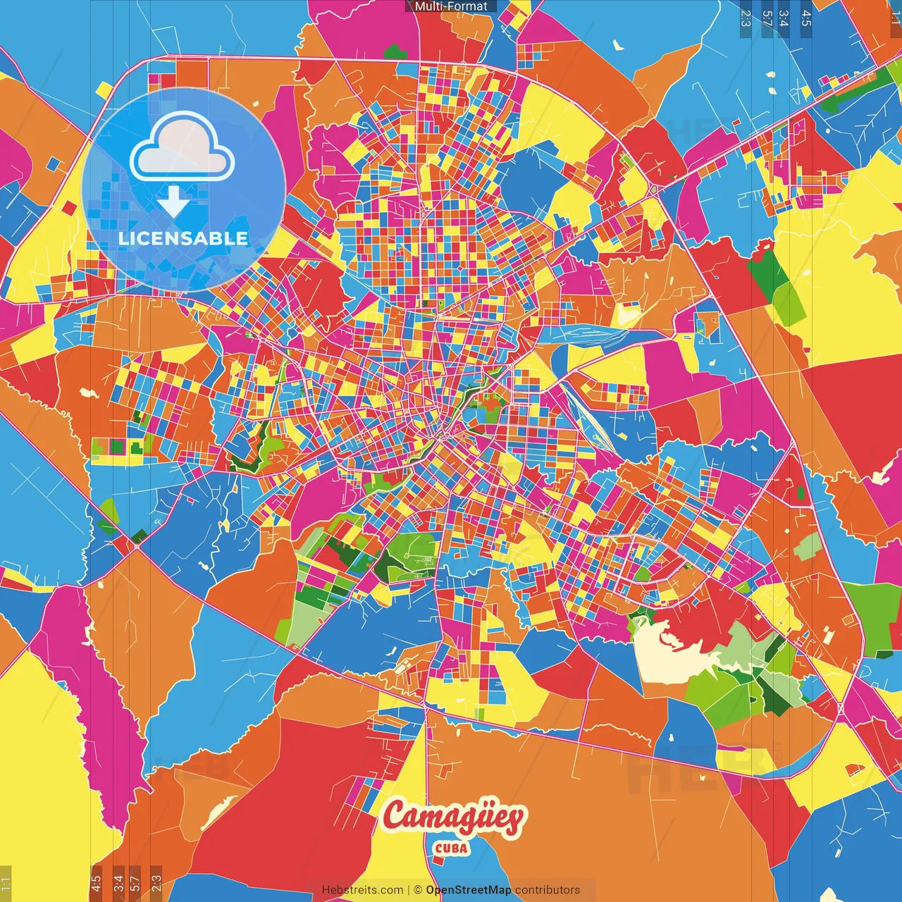 Camagüey, Camagüey, Cuba Crazy Colorful Street Map Poster Template