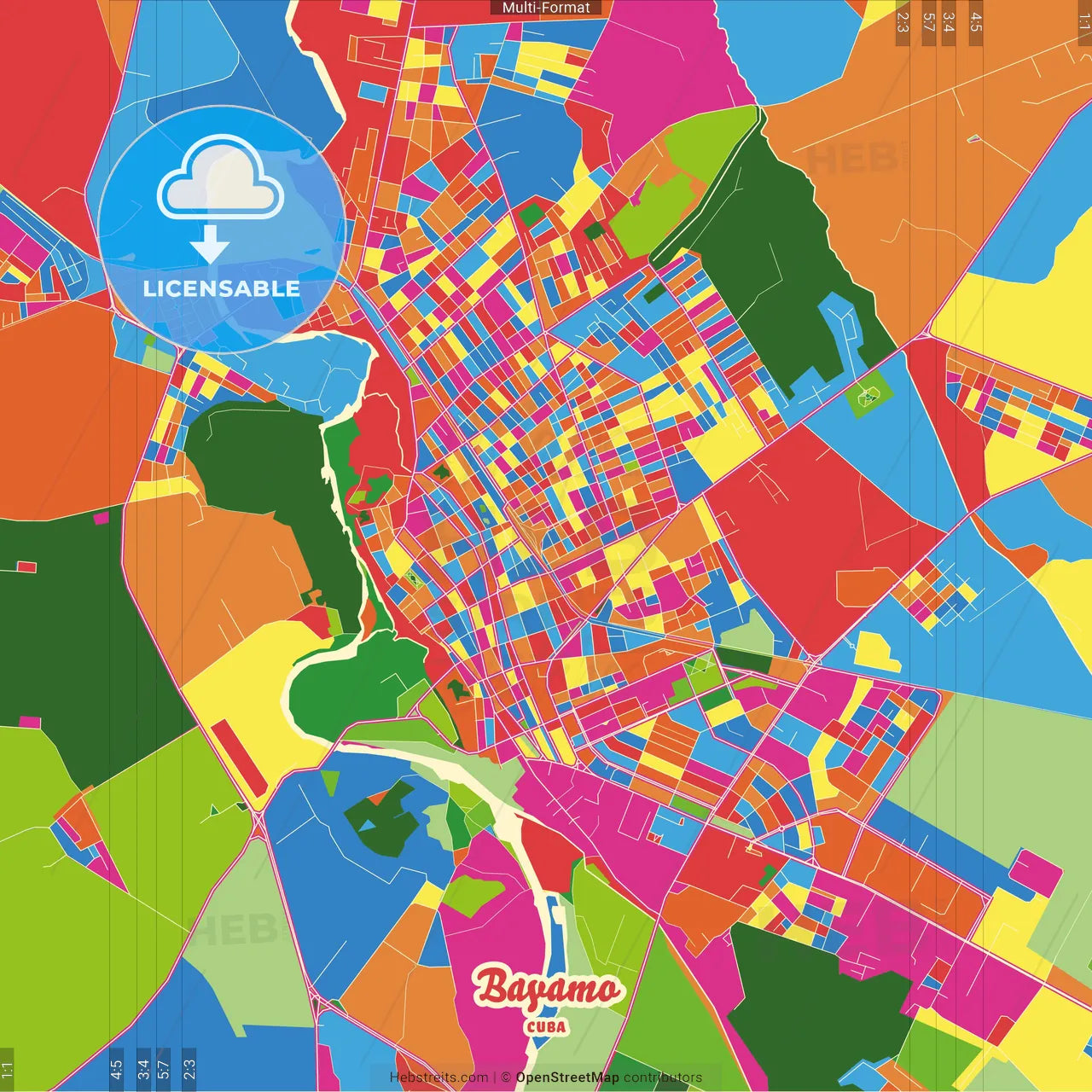 Bayamo, Granma, Cuba Crazy Colorful Street Map Poster Template