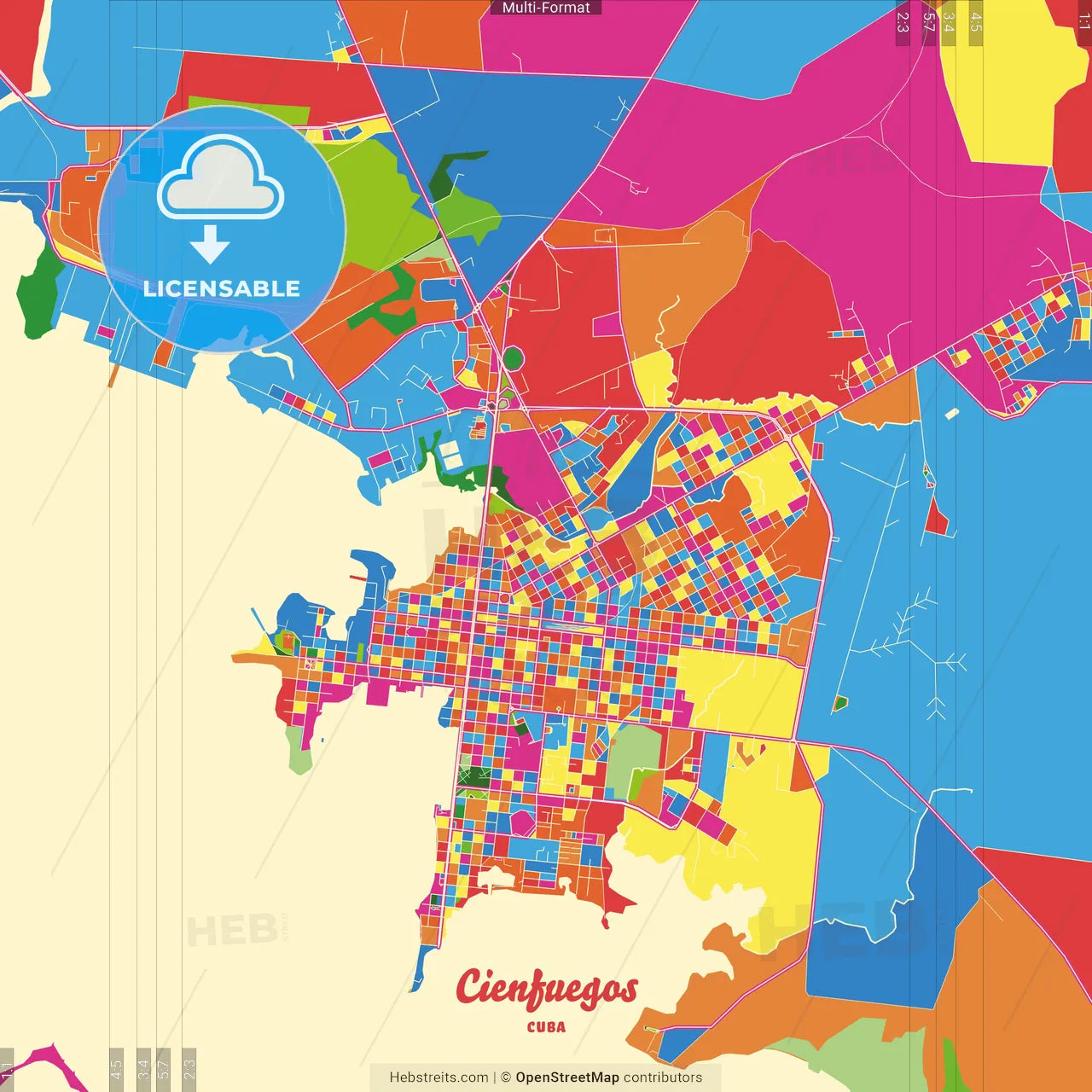 Cienfuegos, Cienfuegos, Cuba Crazy Colorful Street Map Poster Template