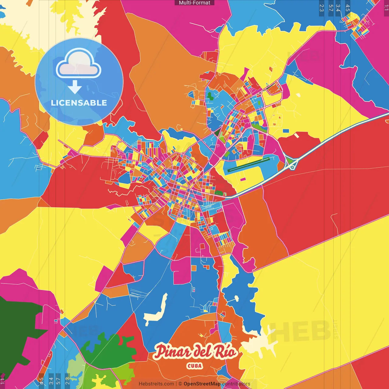 Pinar del Río, Pinar del Río, Cuba Crazy Colorful Street Map Poster Template