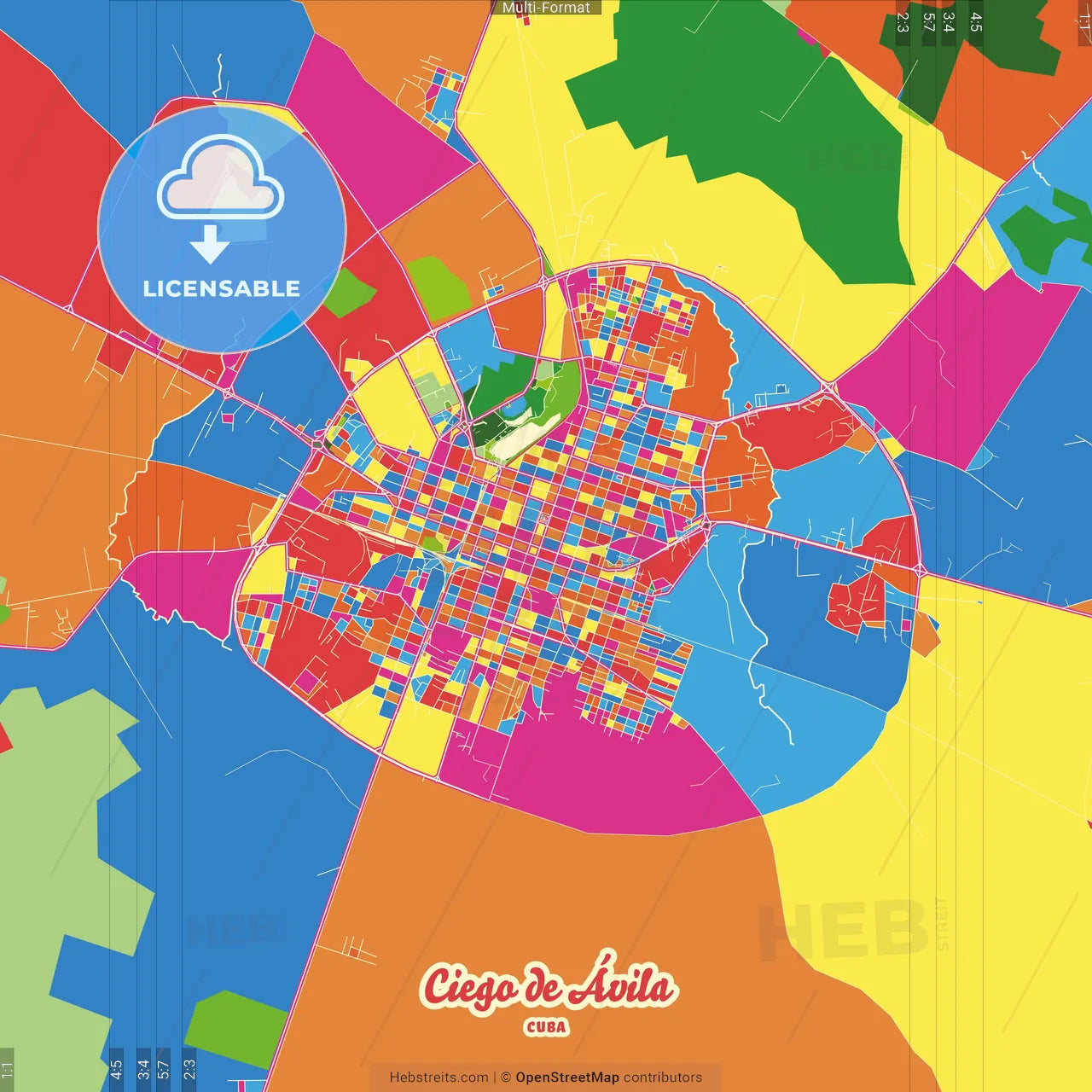 Ciego de Ávila, Ciego de Ávila, Cuba Crazy Colorful Street Map Poster Template