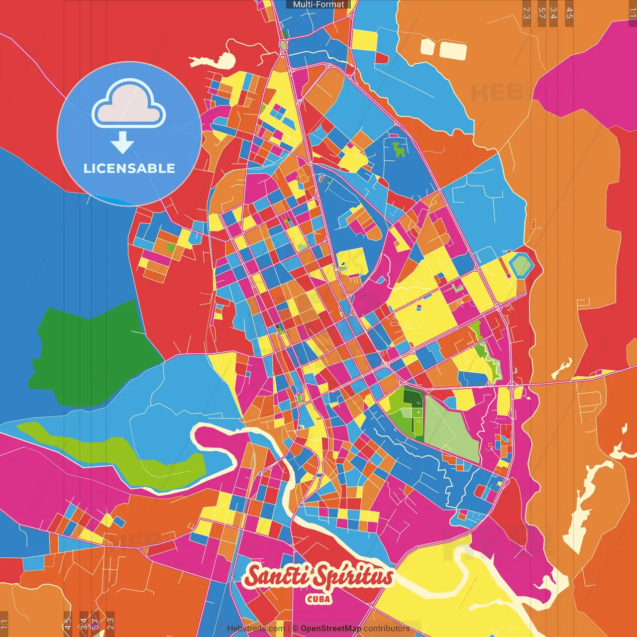 Sancti Spíritus, Sancti Spíritus, Cuba Crazy Colorful Street Map Poster Template