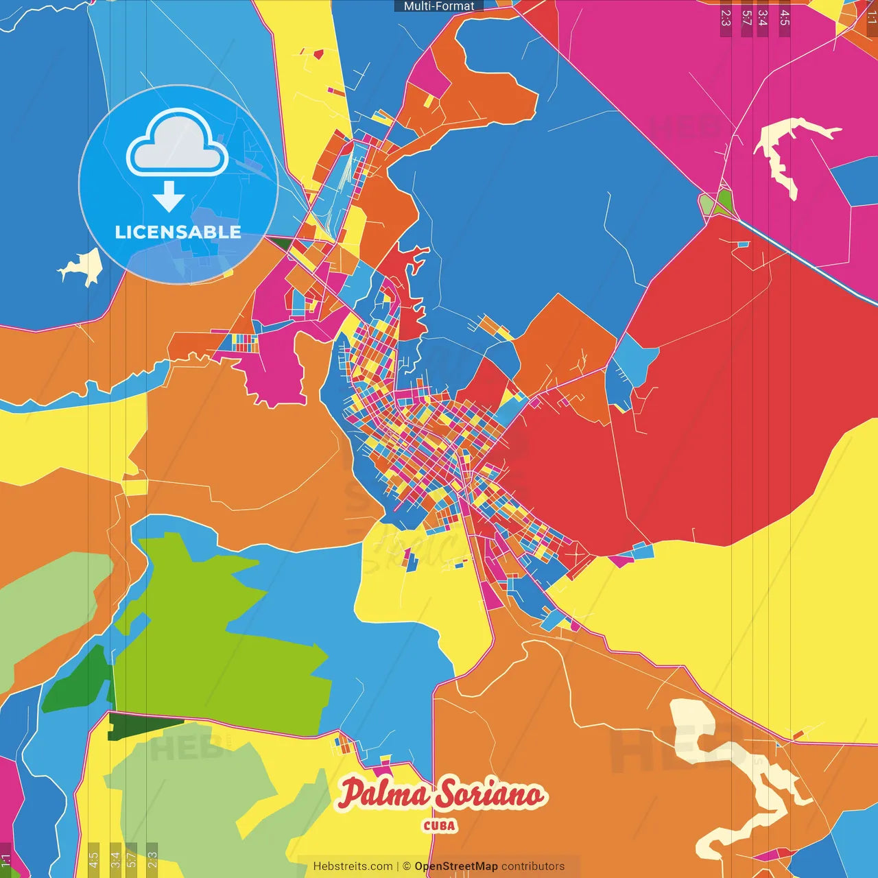 Palma Soriano, Santiago de Cuba, Cuba Crazy Colorful Street Map Poster Template