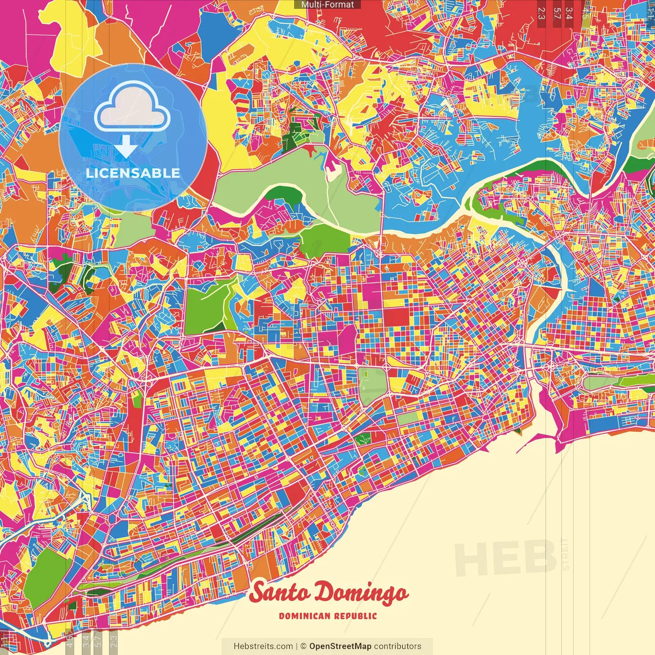 Santo Domingo, Distrito Nacional, Dominican Republic Crazy Colorful Street Map Poster Template