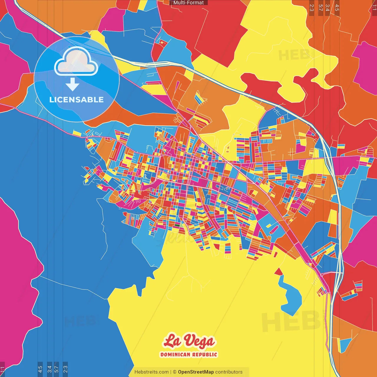 La Vega, La Vega, Dominican Republic Crazy Colorful Street Map Poster Template