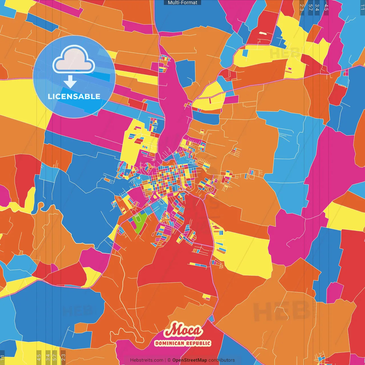 Moca, Espaillat Province, Dominican Republic Crazy Colorful Street Map Poster Template