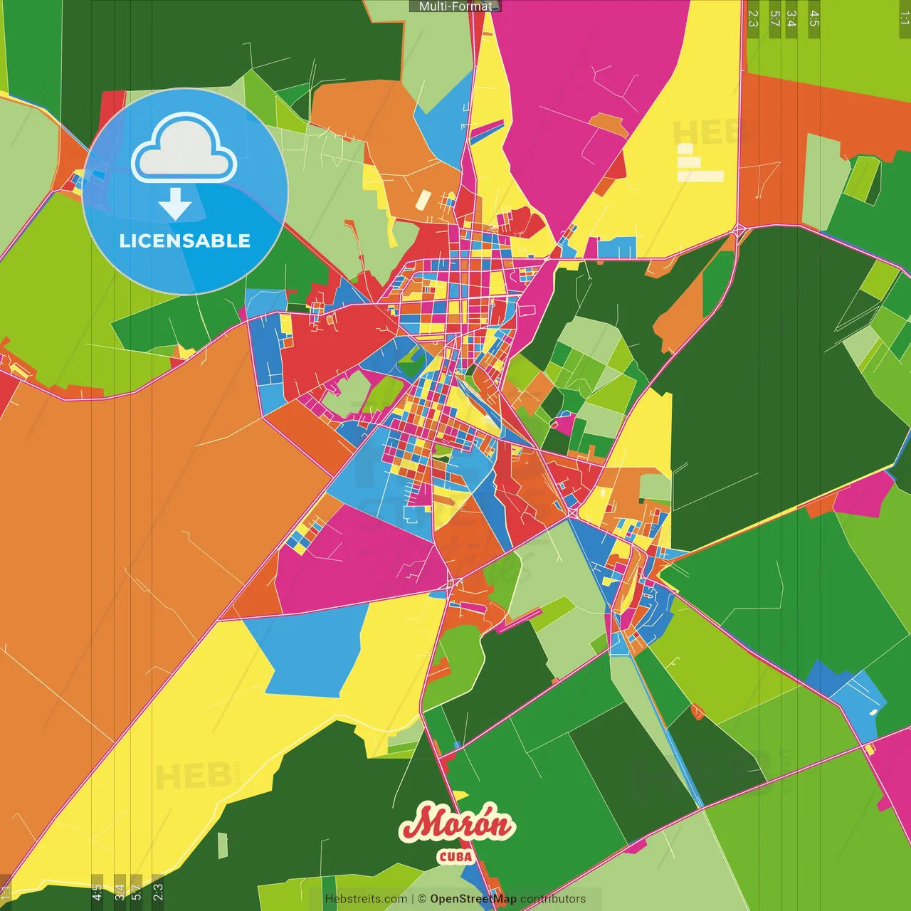 Morón, Ciego de Ávila, Cuba Crazy Colorful Street Map Poster Template