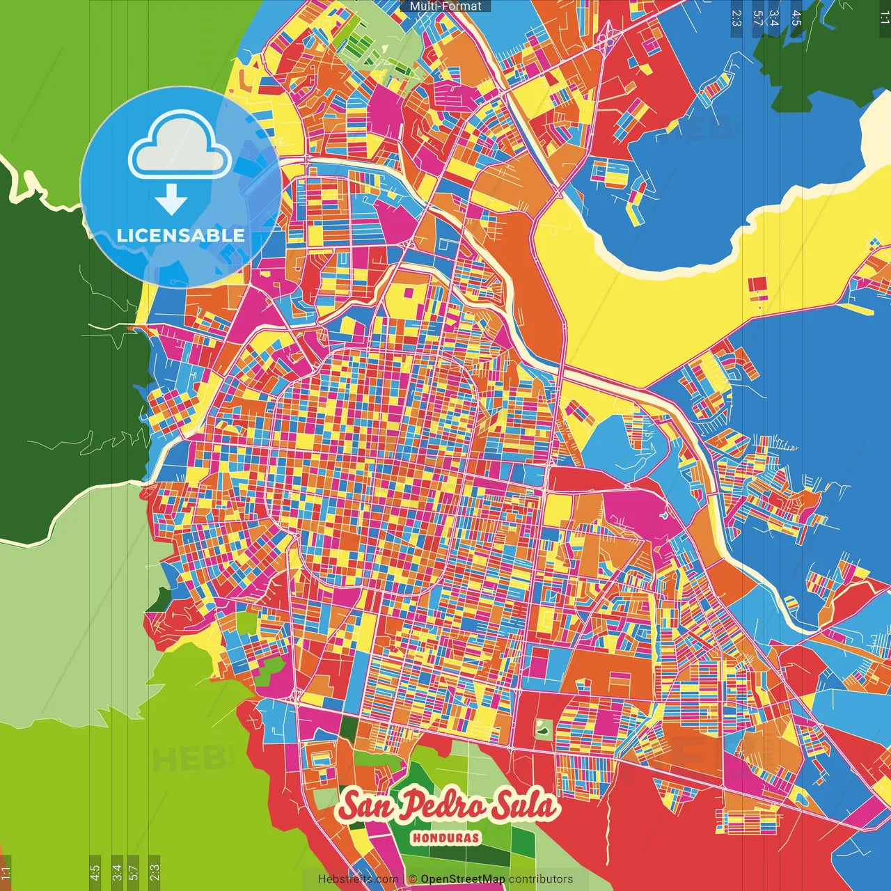 San Pedro Sula, Cortés, Honduras Crazy Colorful Street Map Poster Template