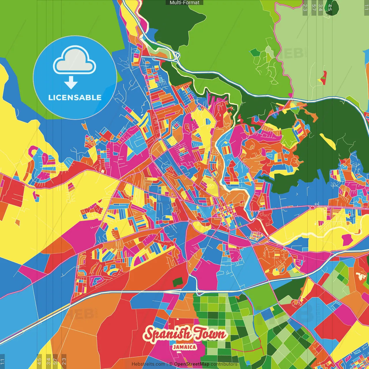 Spanish Town, Saint Catherine, Jamaica Crazy Colorful Street Map Poster Template