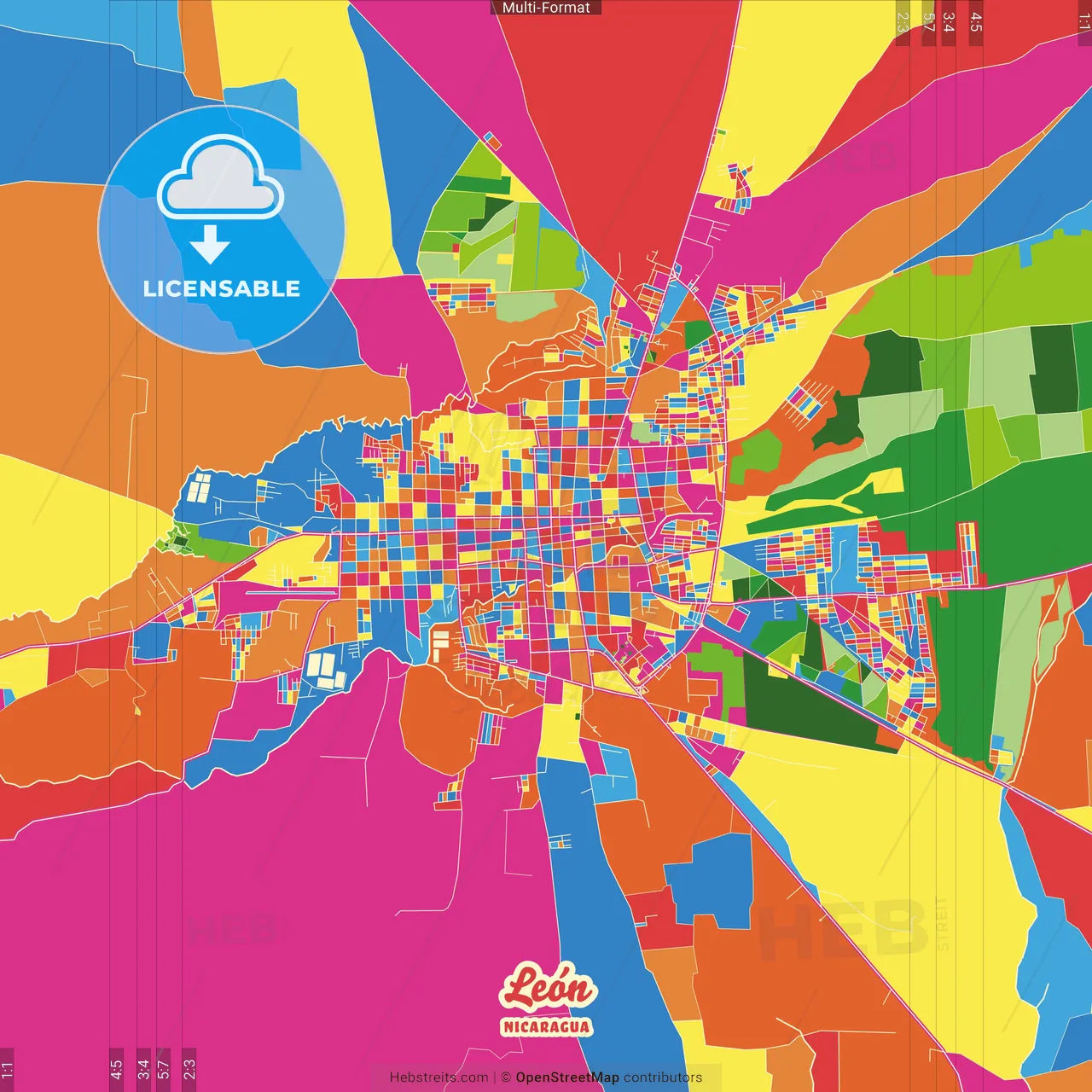 León, León, Nicaragua Crazy Colorful Street Map Poster Template