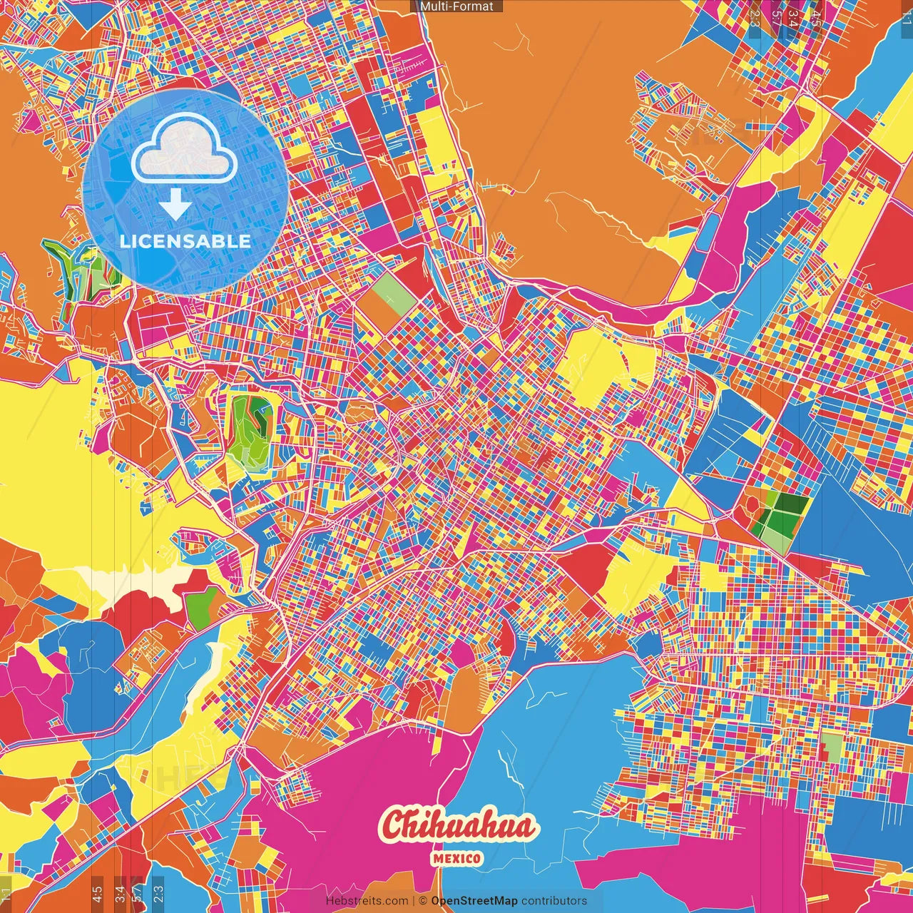 Chihuahua, Chihuahua, Mexico Crazy Colorful Street Map Poster Template