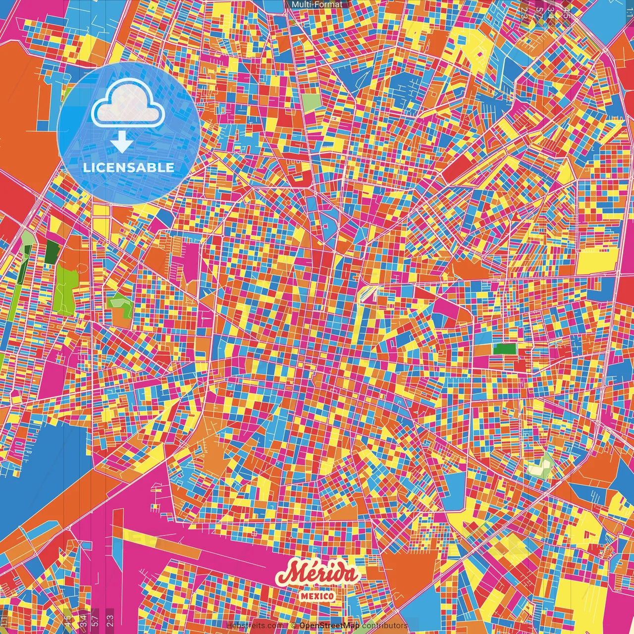 Mérida, Yucatán, Mexico Crazy Colorful Street Map Poster Template