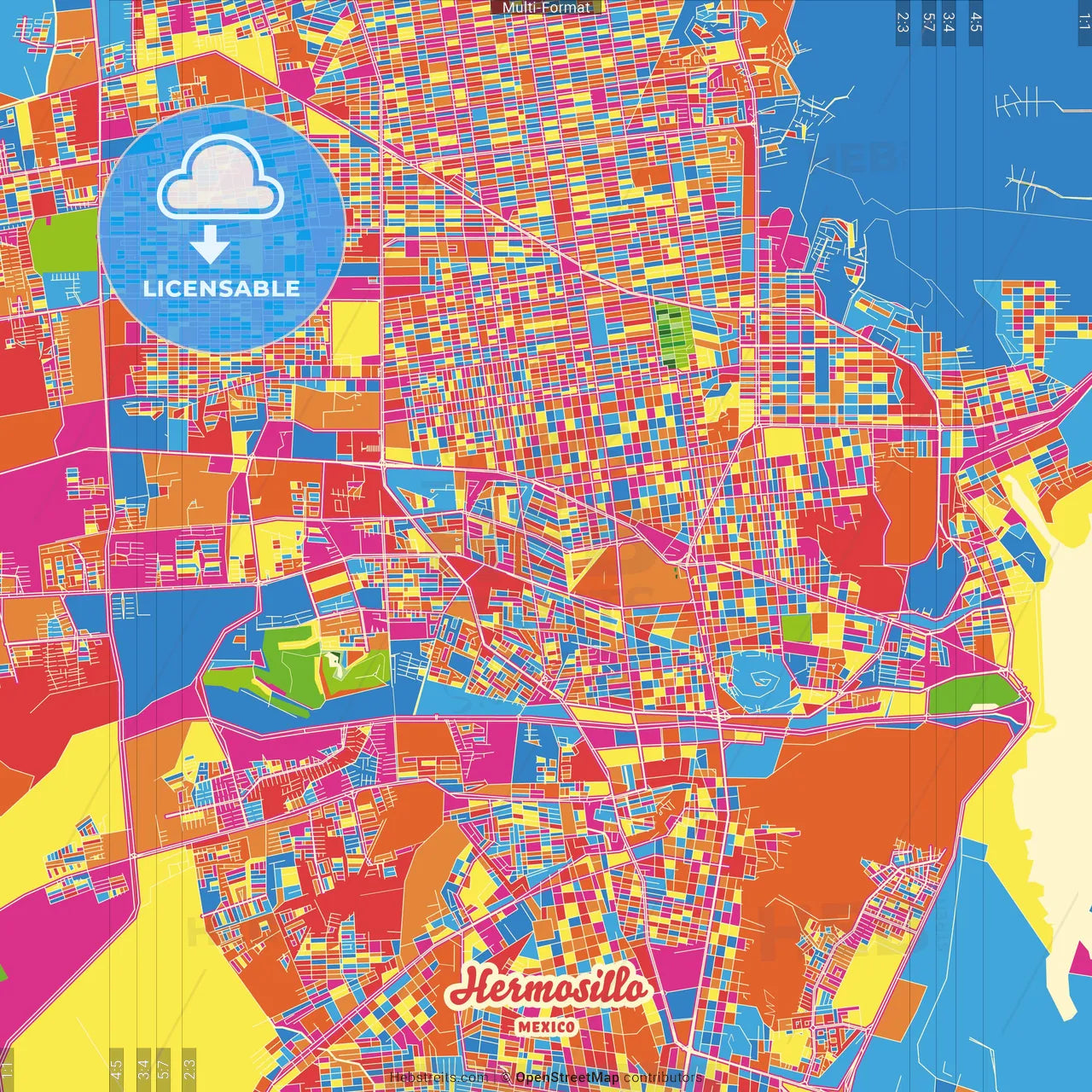 Hermosillo, Sonora, Mexico Crazy Colorful Street Map Poster Template