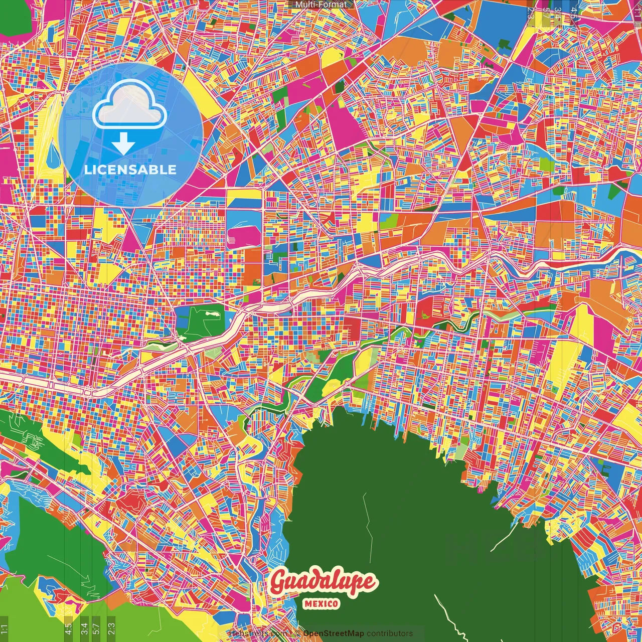 Guadalupe, Nuevo León, Mexico Crazy Colorful Street Map Poster Template