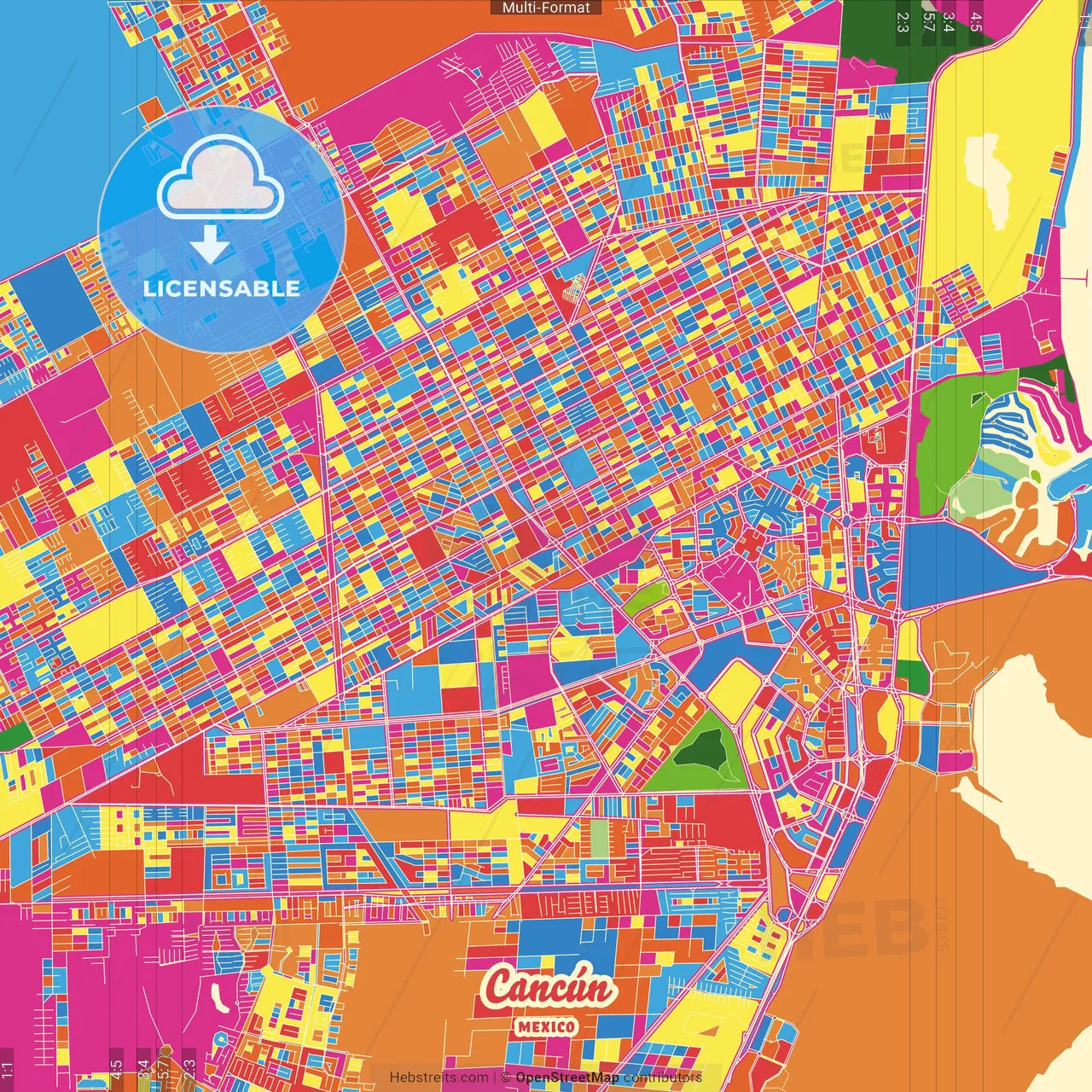 Cancún, Quintana Roo, Mexico Crazy Colorful Street Map Poster Template