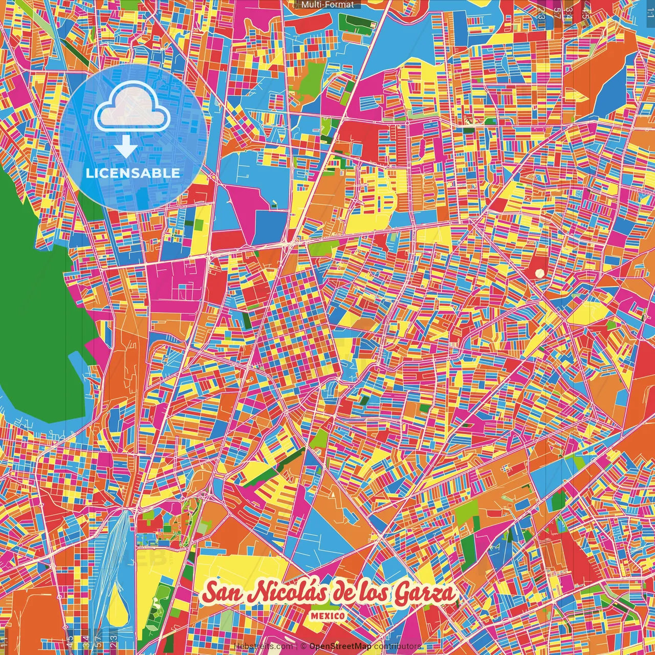 San Nicolás de los Garza, Nuevo León, Mexico Crazy Colorful Street Map Poster Template