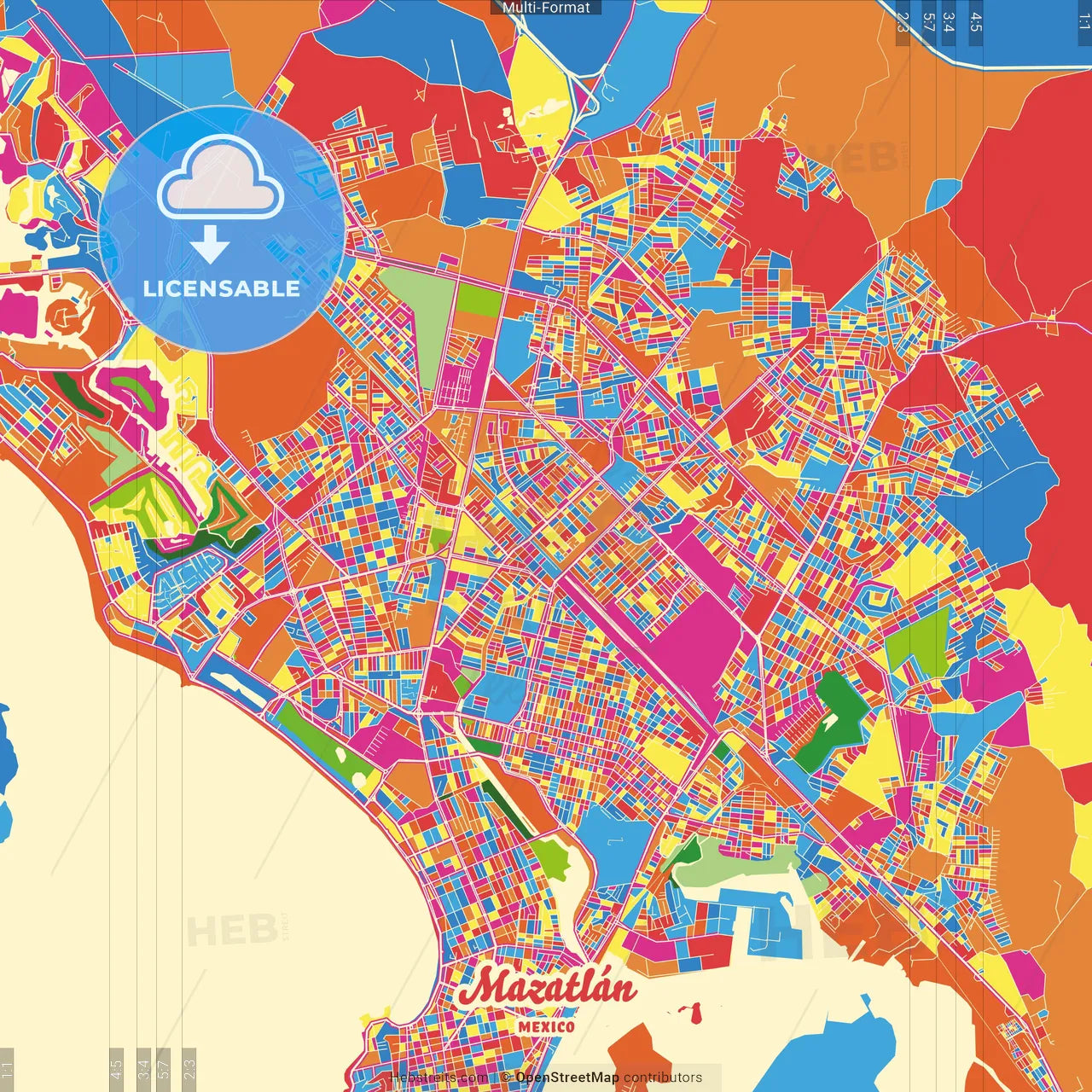 Mazatlán, Sinaloa, Mexico Crazy Colorful Street Map Poster Template