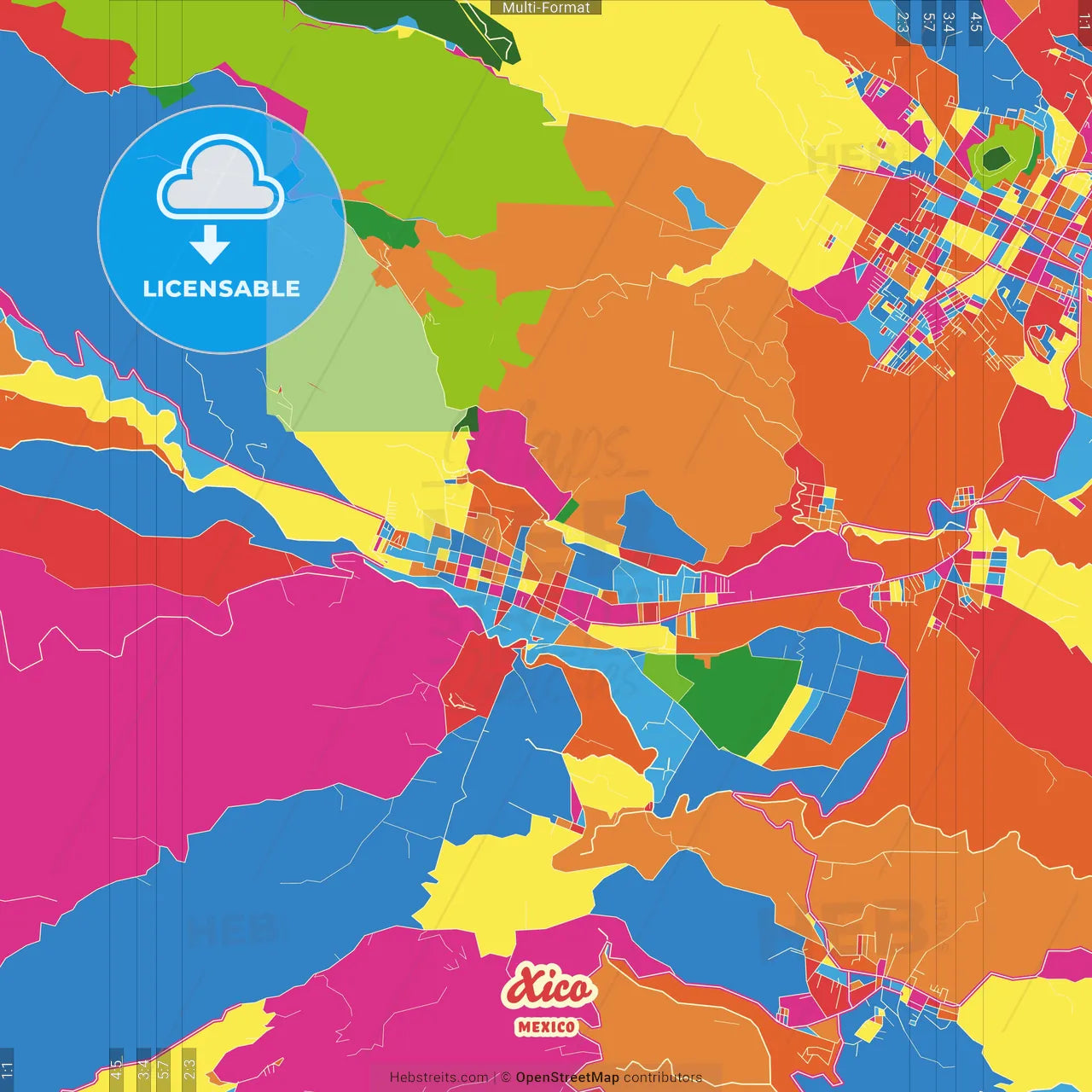 Xico, México, Mexico Crazy Colorful Street Map Poster Template