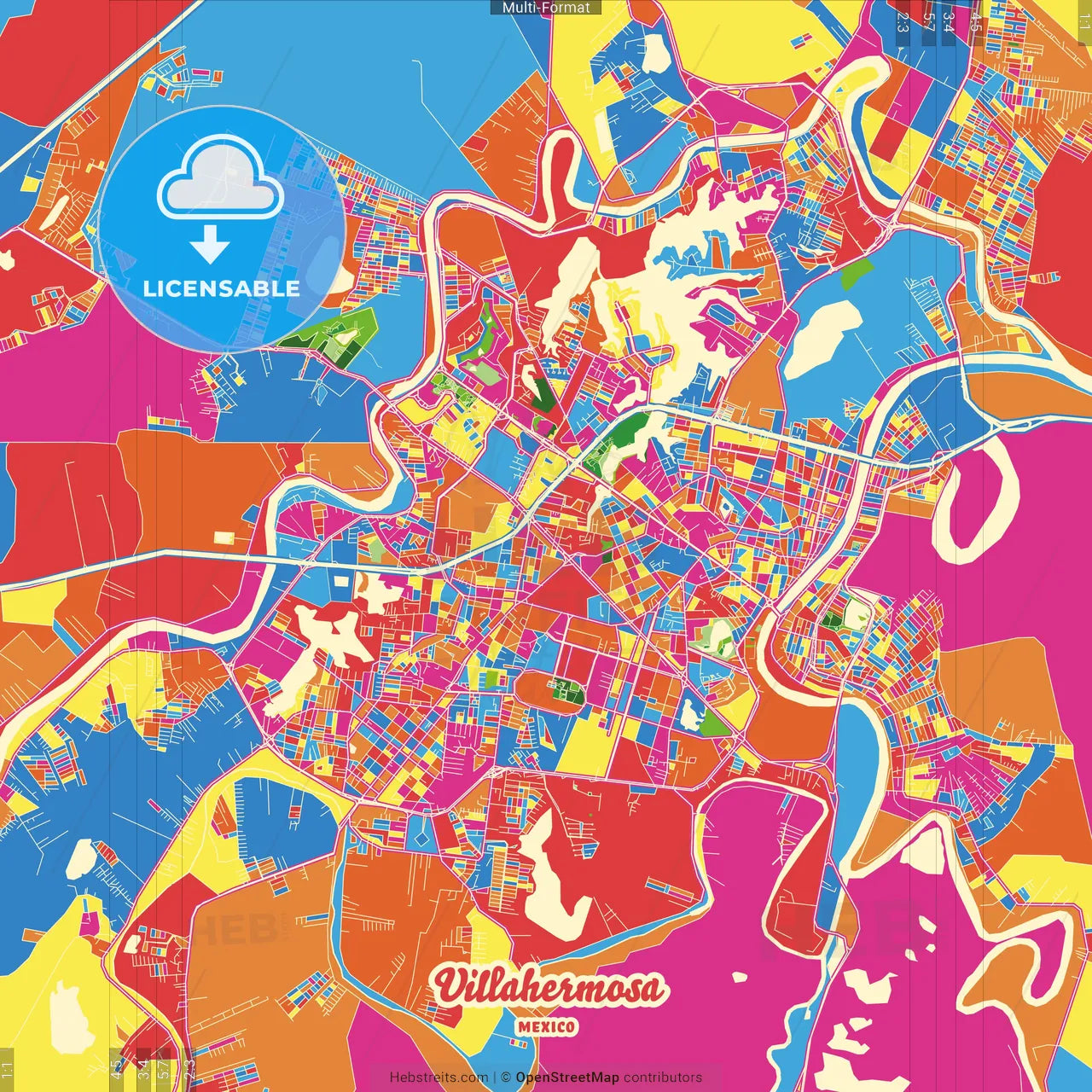 Villahermosa, Tabasco, Mexico Crazy Colorful Street Map Poster Template