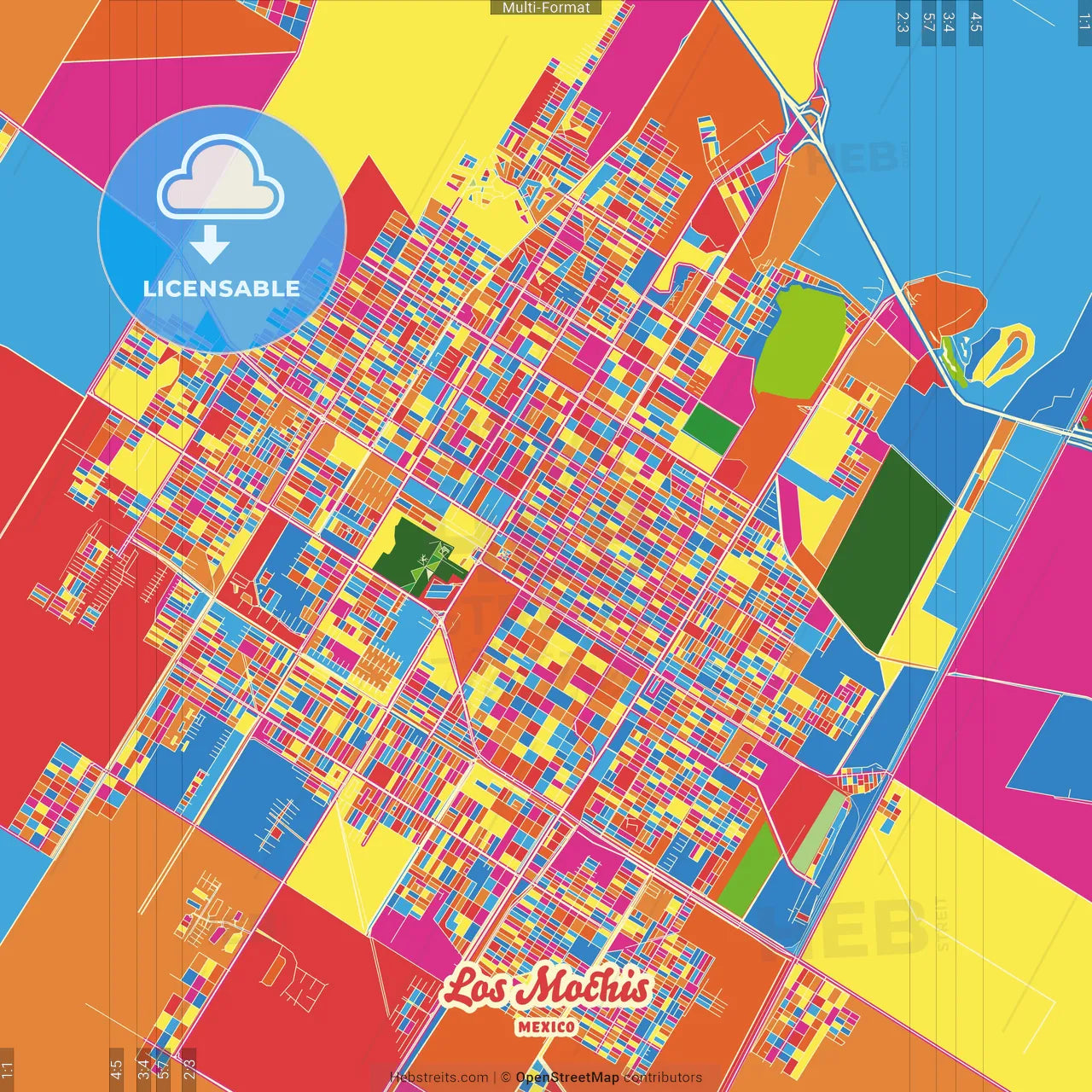 Los Mochis, Sinaloa, Mexico Crazy Colorful Street Map Poster Template