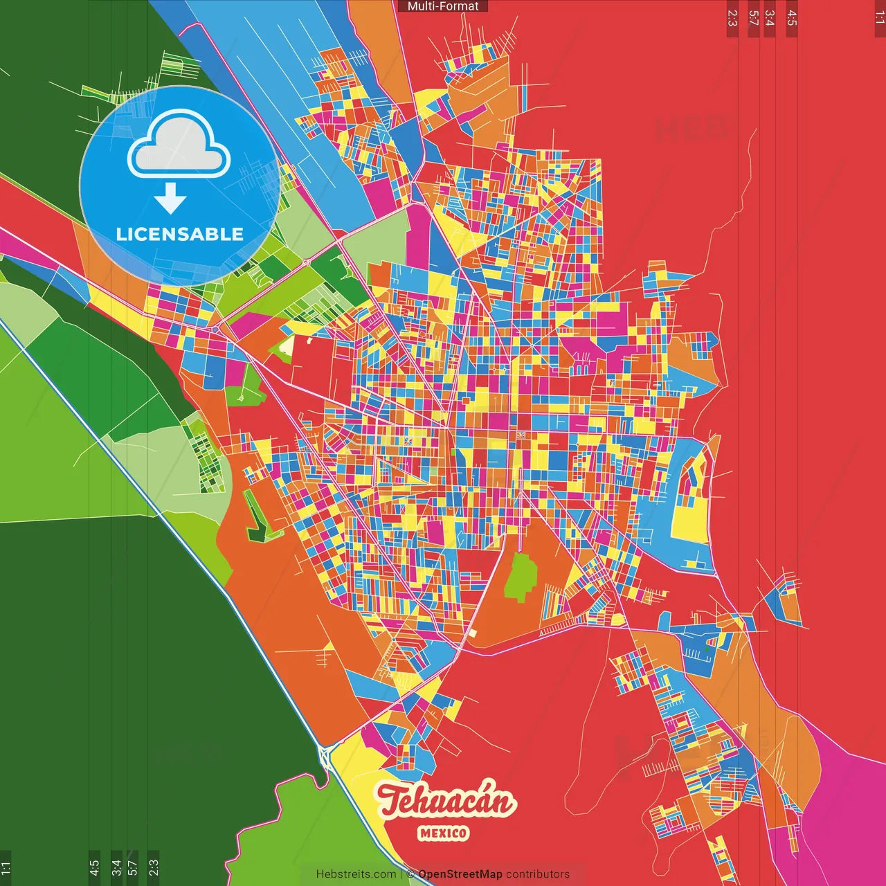 Tehuacán, Puebla, Mexico Crazy Colorful Street Map Poster Template