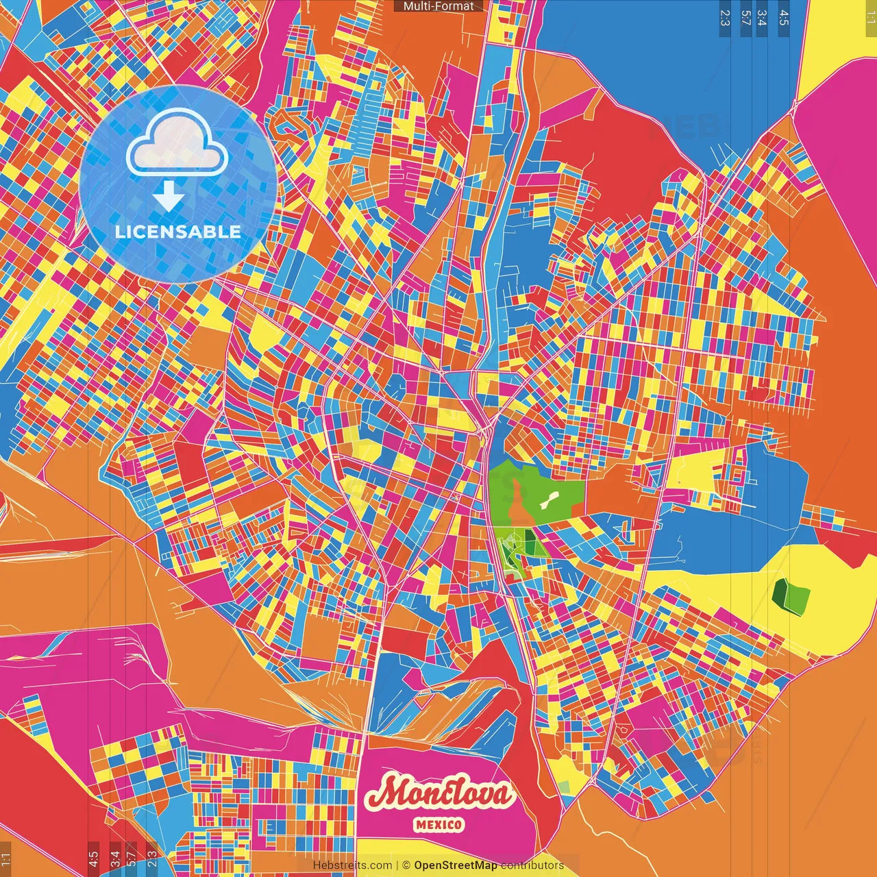 Monclova, Coahuila, Mexico Crazy Colorful Street Map Poster Template