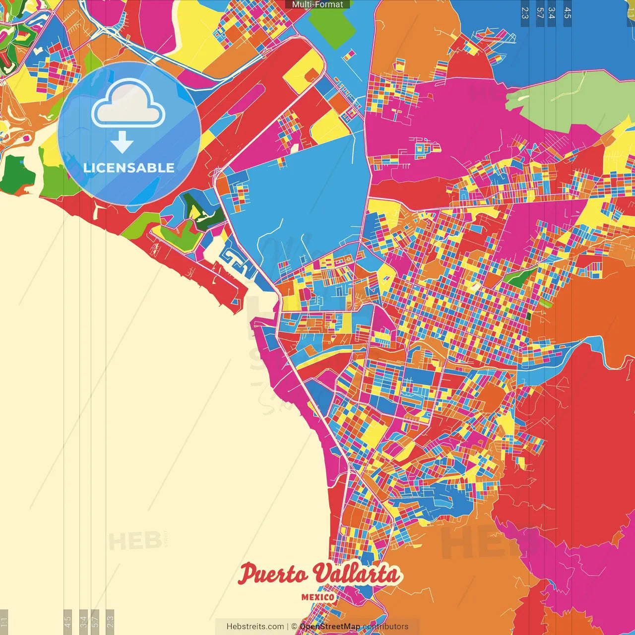 Puerto Vallarta, Jalisco, Mexico Crazy Colorful Street Map Poster Template