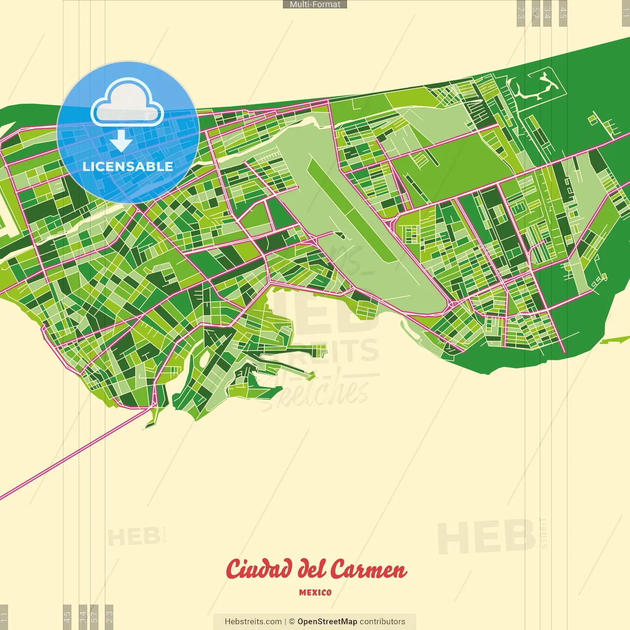 Ciudad del Carmen, Campeche, Mexico Crazy Colorful Street Map Poster Template