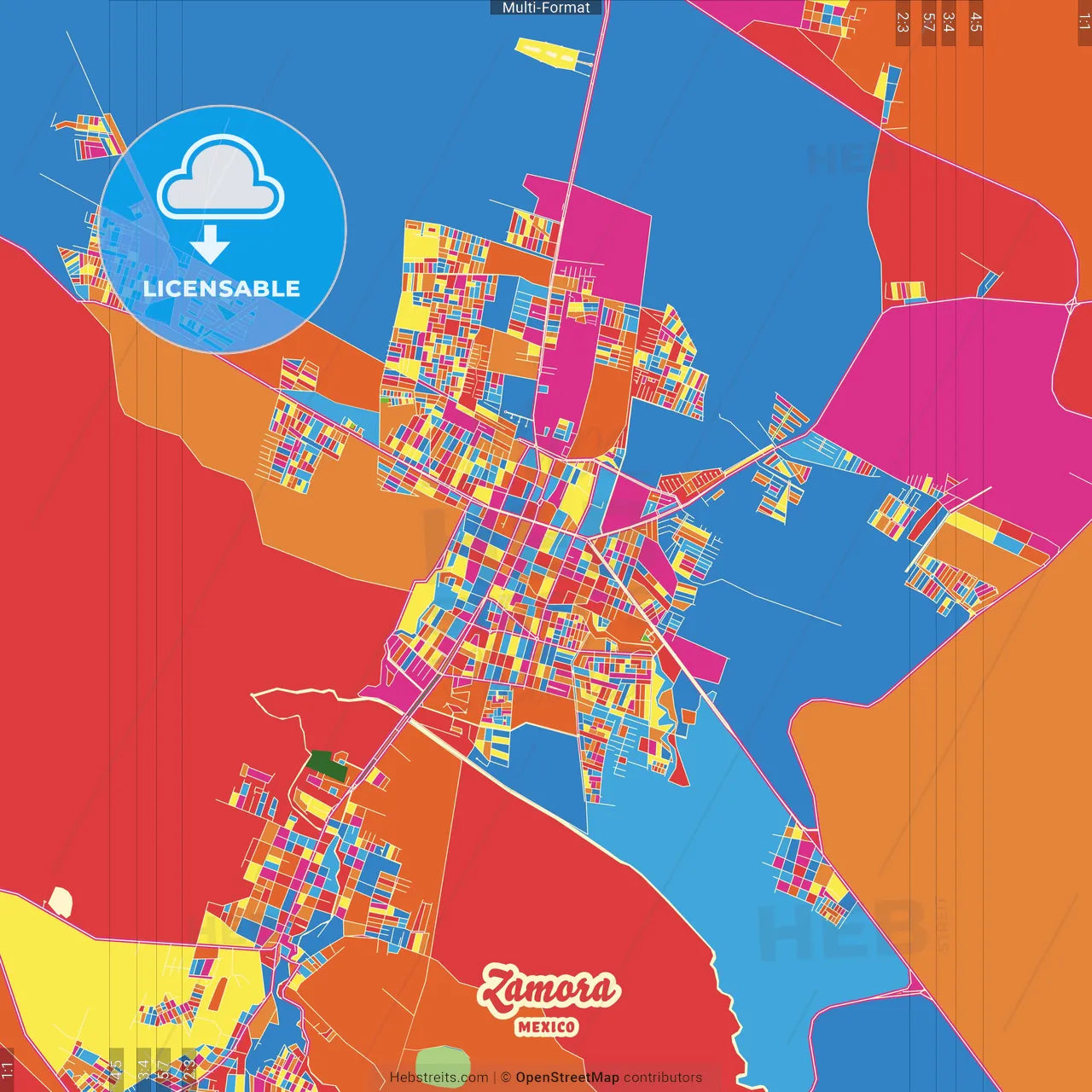 Zamora, Michoacán, Mexico Crazy Colorful Street Map Poster Template