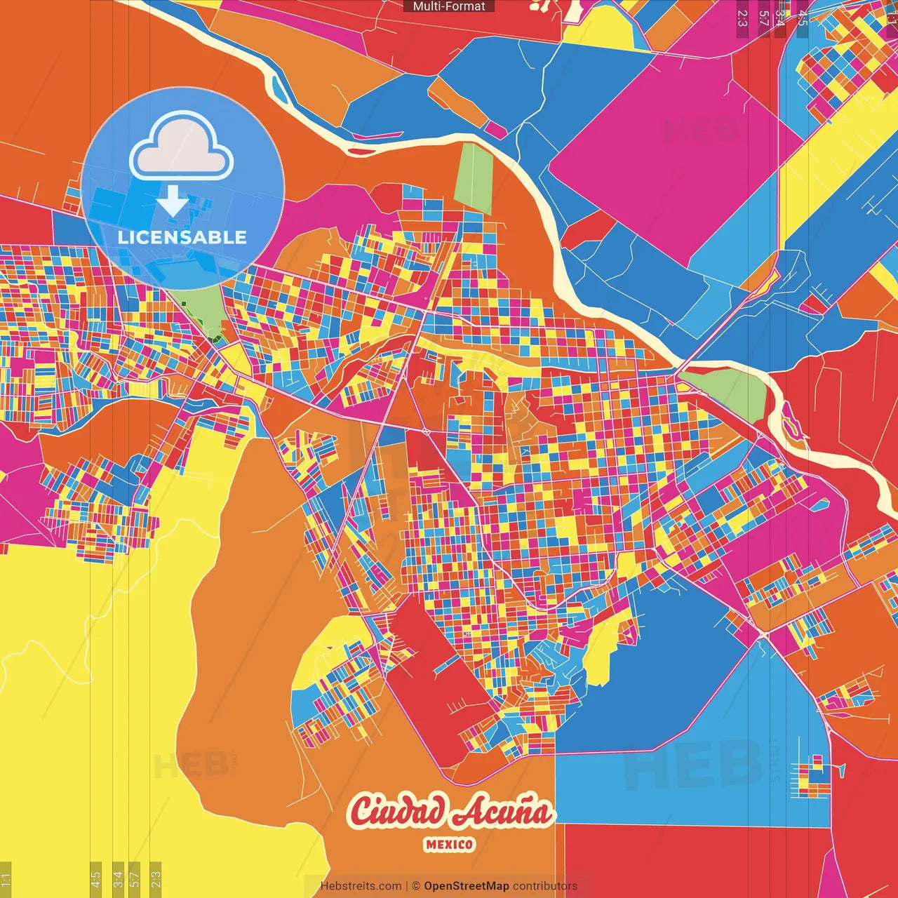 Ciudad Acuña, Coahuila, Mexico Crazy Colorful Street Map Poster Template
