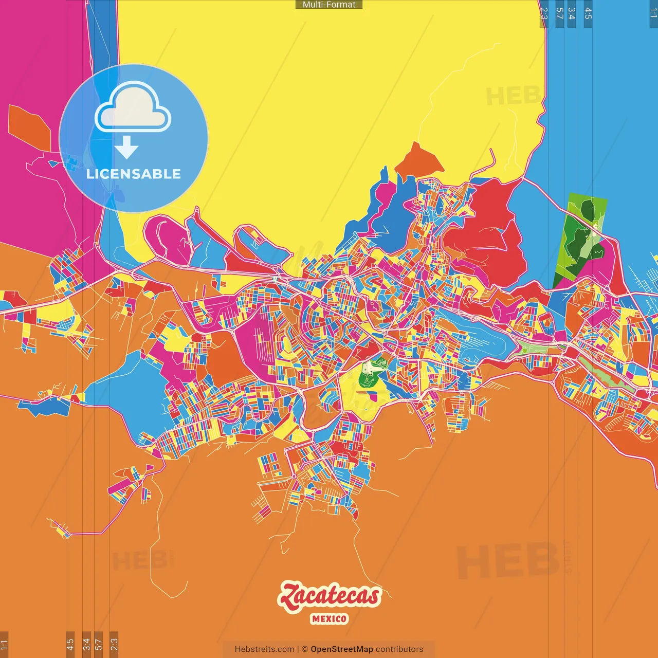 Zacatecas, Zacatecas, Mexico Crazy Colorful Street Map Poster Template