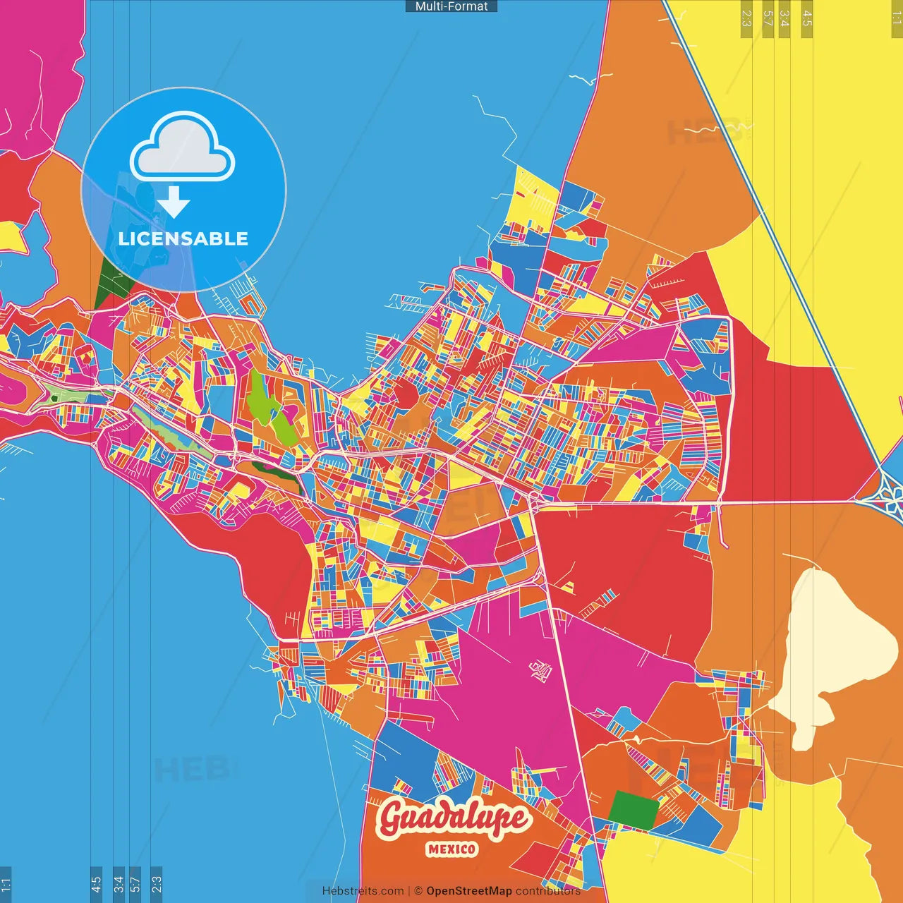 Guadalupe, Zacatecas, Mexico Crazy Colorful Street Map Poster Template