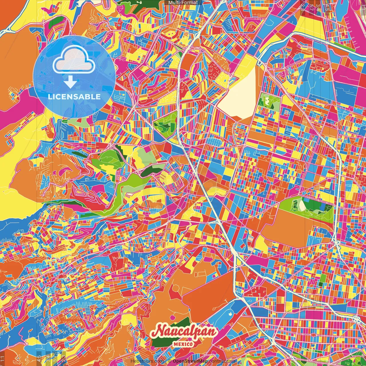 Naucalpan, México, Mexico Crazy Colorful Street Map Poster Template